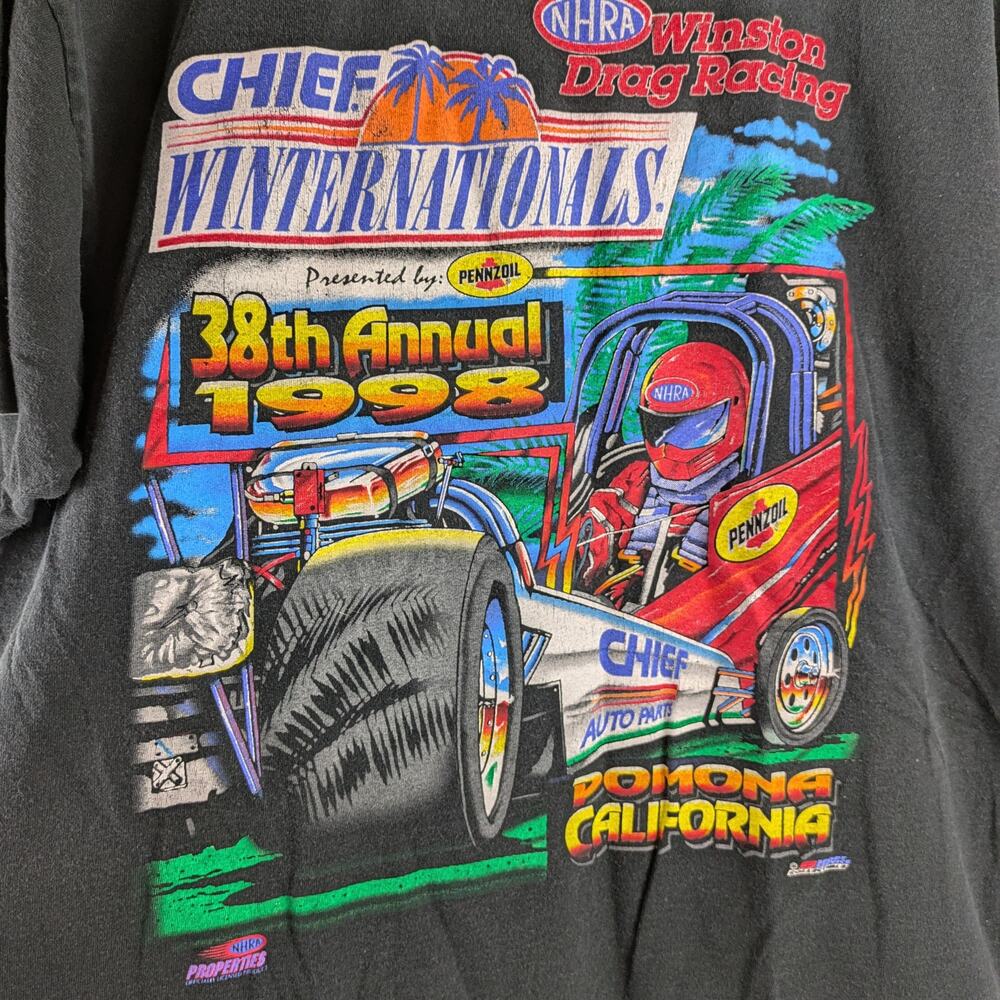 Vtg 1998 Mens L Drag Racing T-Shirt Winston NHRA Hot Rod Chief Winternationals - Picture 3 of 5